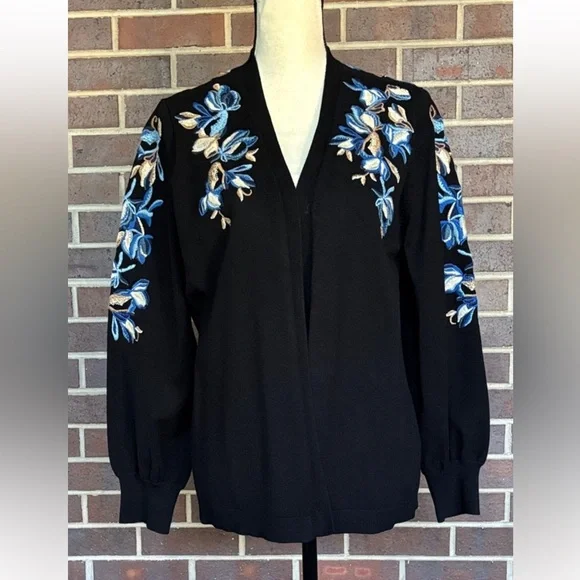 Chicos Black Cardigan With Blue And Gold Embroidered Details Size 1 - Picture 1 of 6